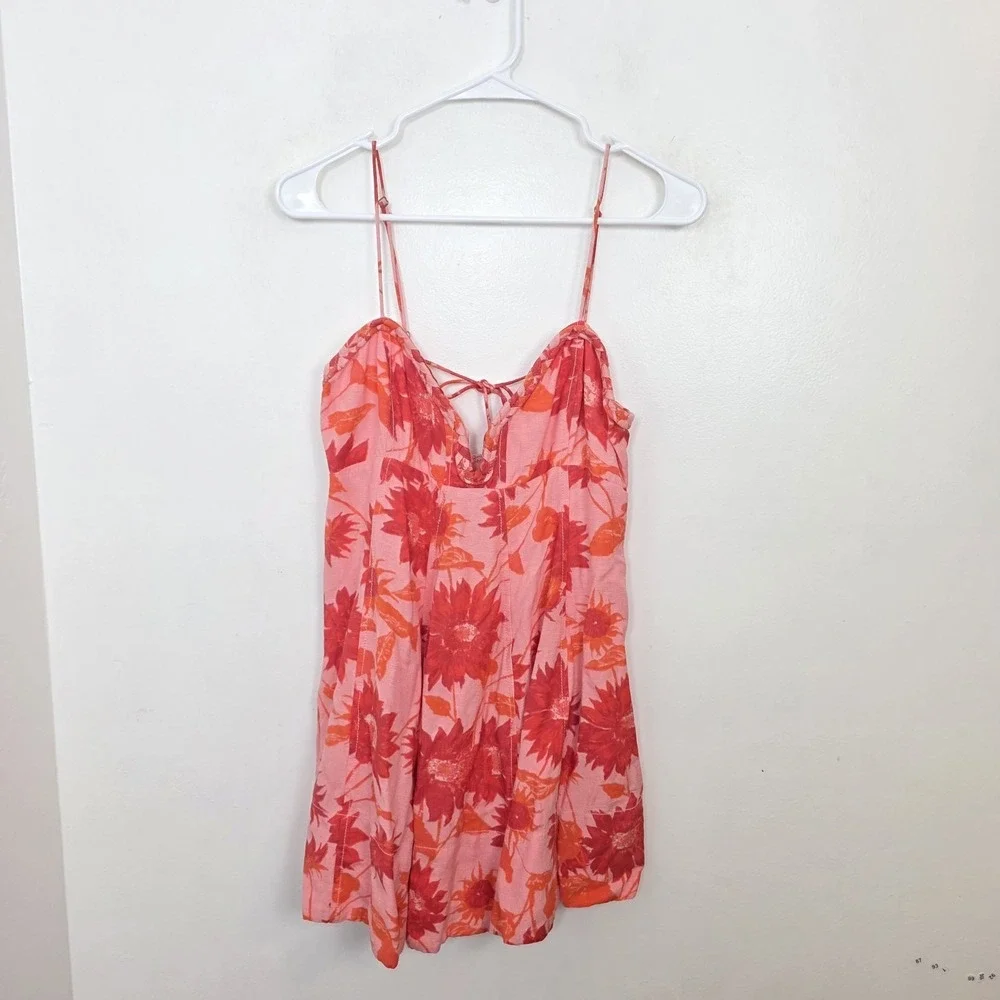 Free People Pink Orange Floral Linen Blend Summer Altura Tank Mini Dress Sz S